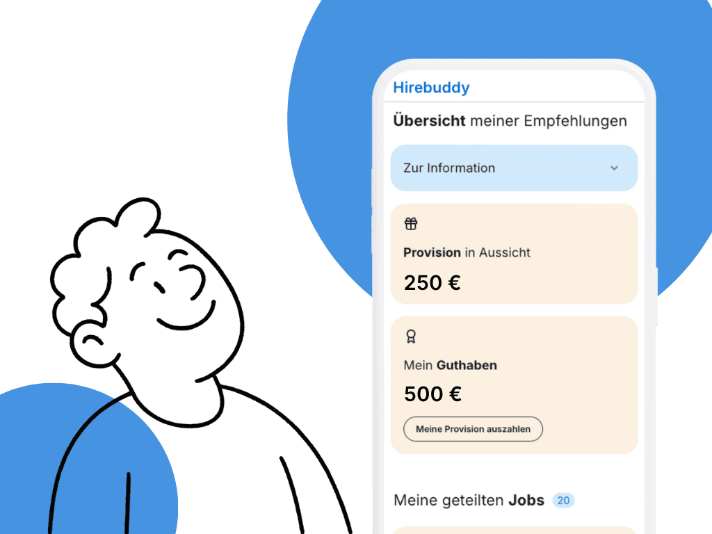 Illustration einer Person, die zufrieden auf ein Smartphone blickt. Auf dem Bildschirm ist das Hirebuddy-Dashboard mit einer Übersicht über die ausstehenden Provision von 250 € und Guthaben von 500 €.