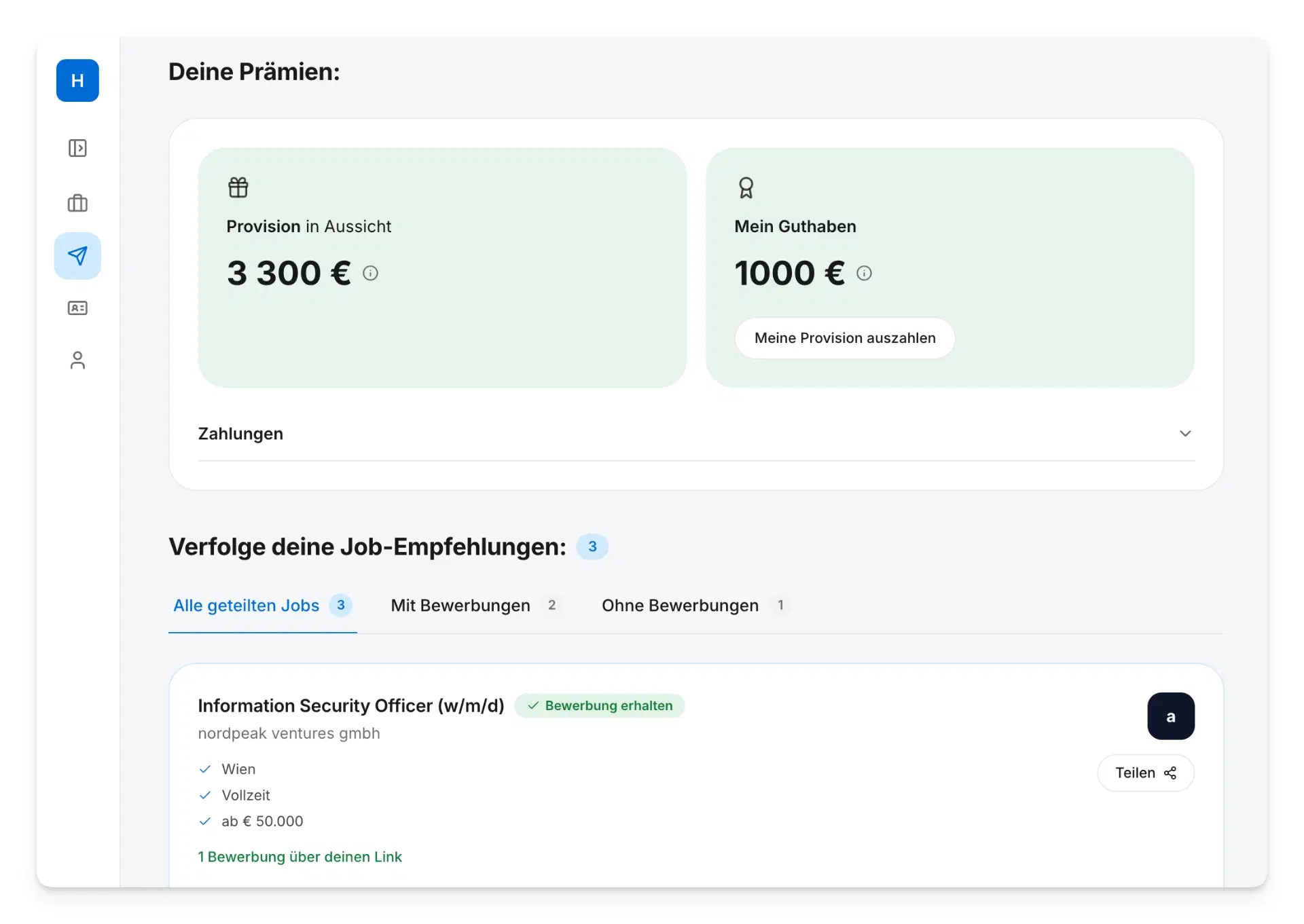 Illustration einer Person, die zufrieden auf ein Smartphone blickt. Auf dem Bildschirm ist die Hirebuddy-App mit einer Übersicht über Empfehlungen zu sehen, inklusive ausstehender Provision von 250 € und Guthaben von 500 €.